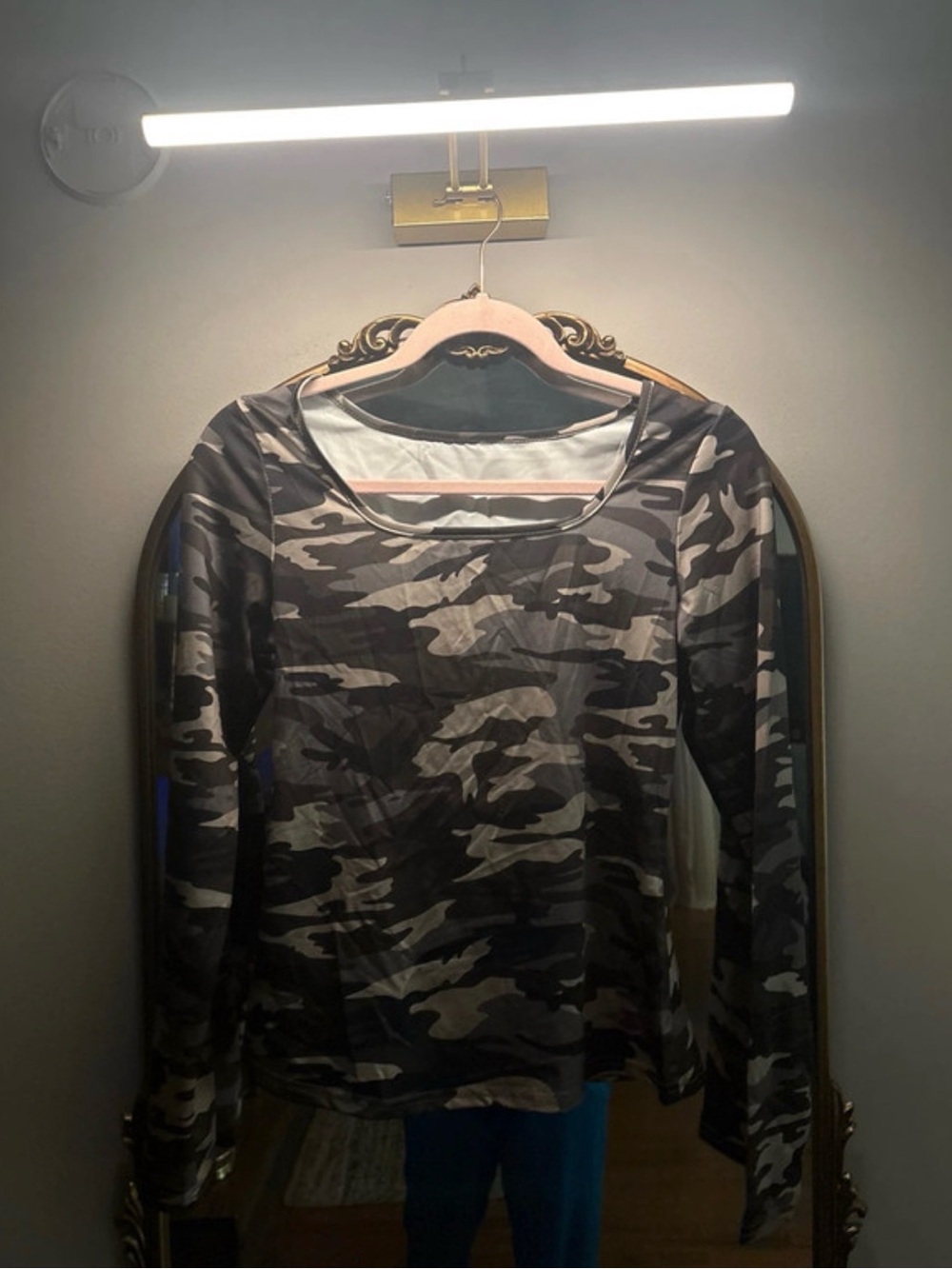 SHEIN Black & Gray Camouflage Long-Sleeve Scoop Neck Top